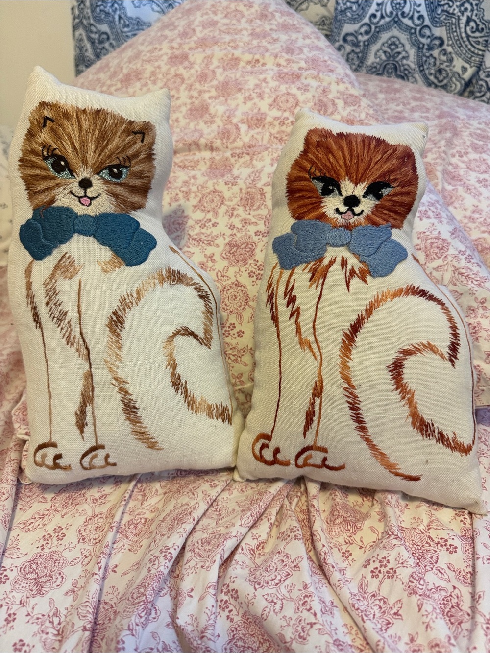 Hand made Vintage Embroidered Cat Pillows - Blue Bows on Cream
